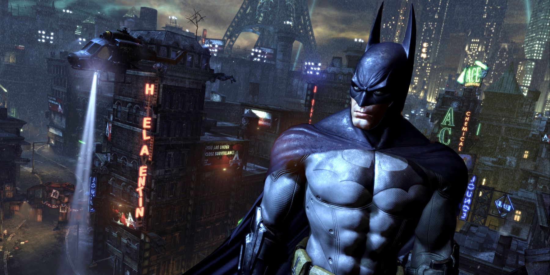 Batman parado em frente ao horizonte de Arkham City.