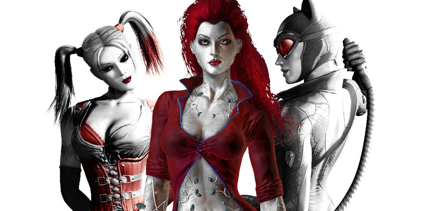 Arte promocional de Batman: Arkham City of the Gotham City Sirens, Harley Quinn, Poison Ivy e Catwoman na frente de um fundo branco em branco.