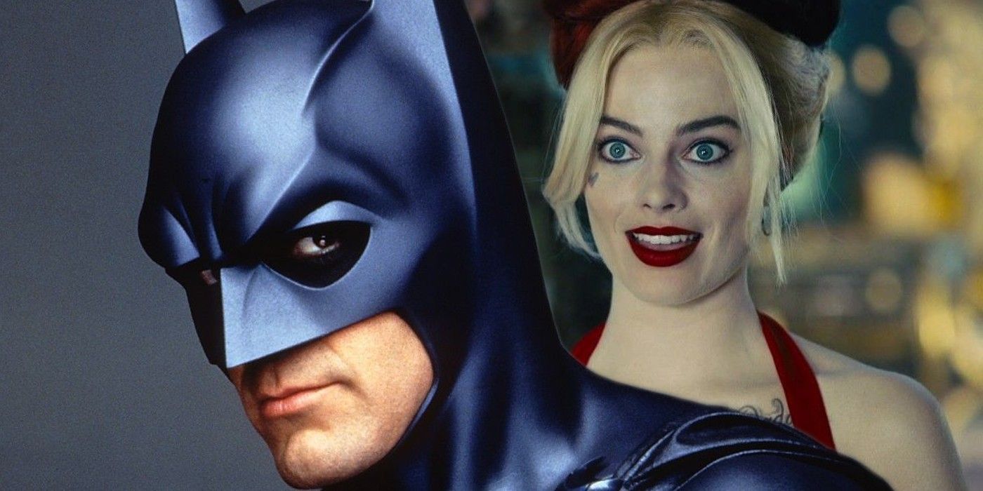 George Clooney's Batman in front of Margot Robbie's Harley Quinn.