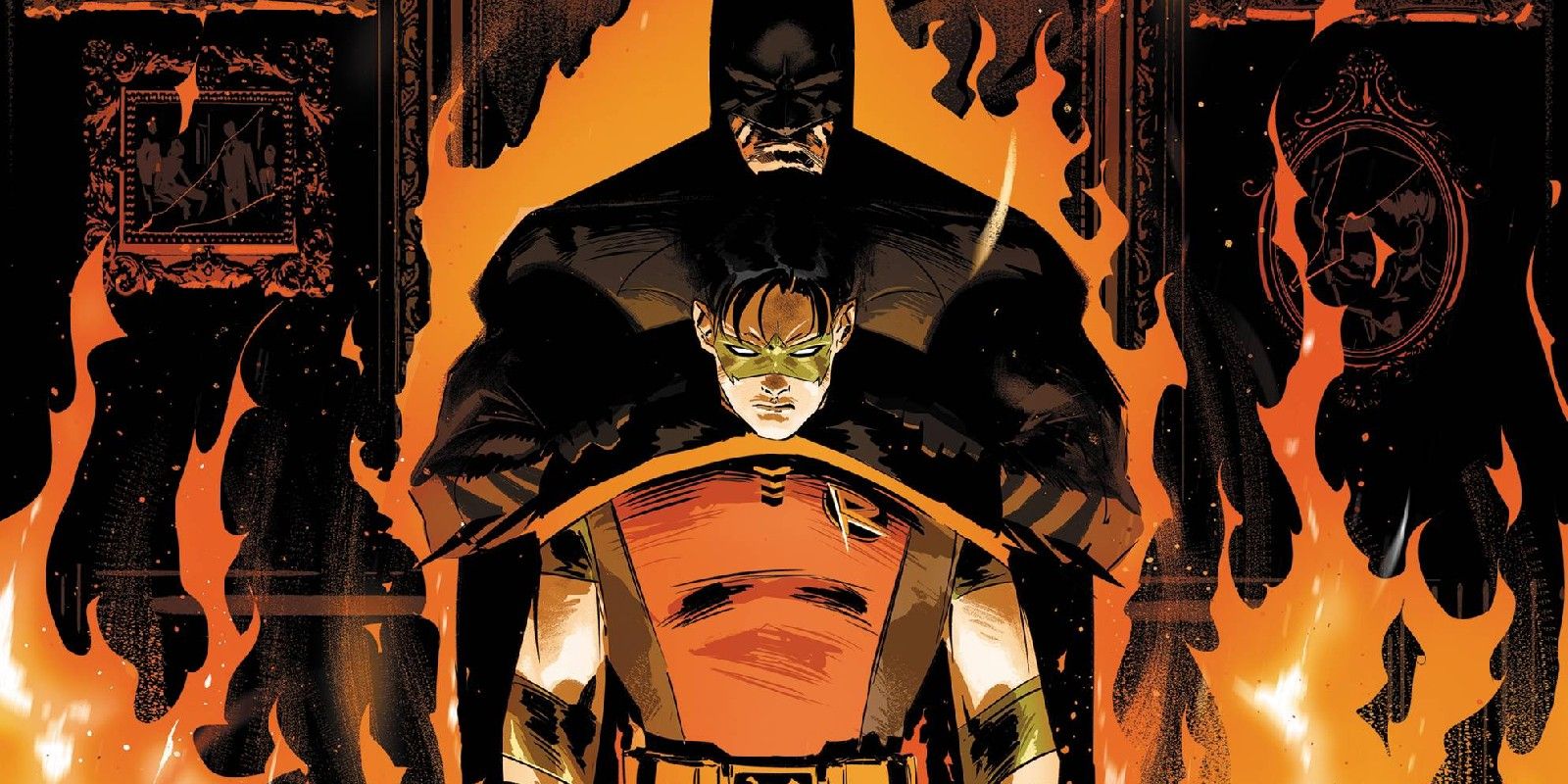 Batman agarrando os ombros de Tim Drake Robin em um incêndio