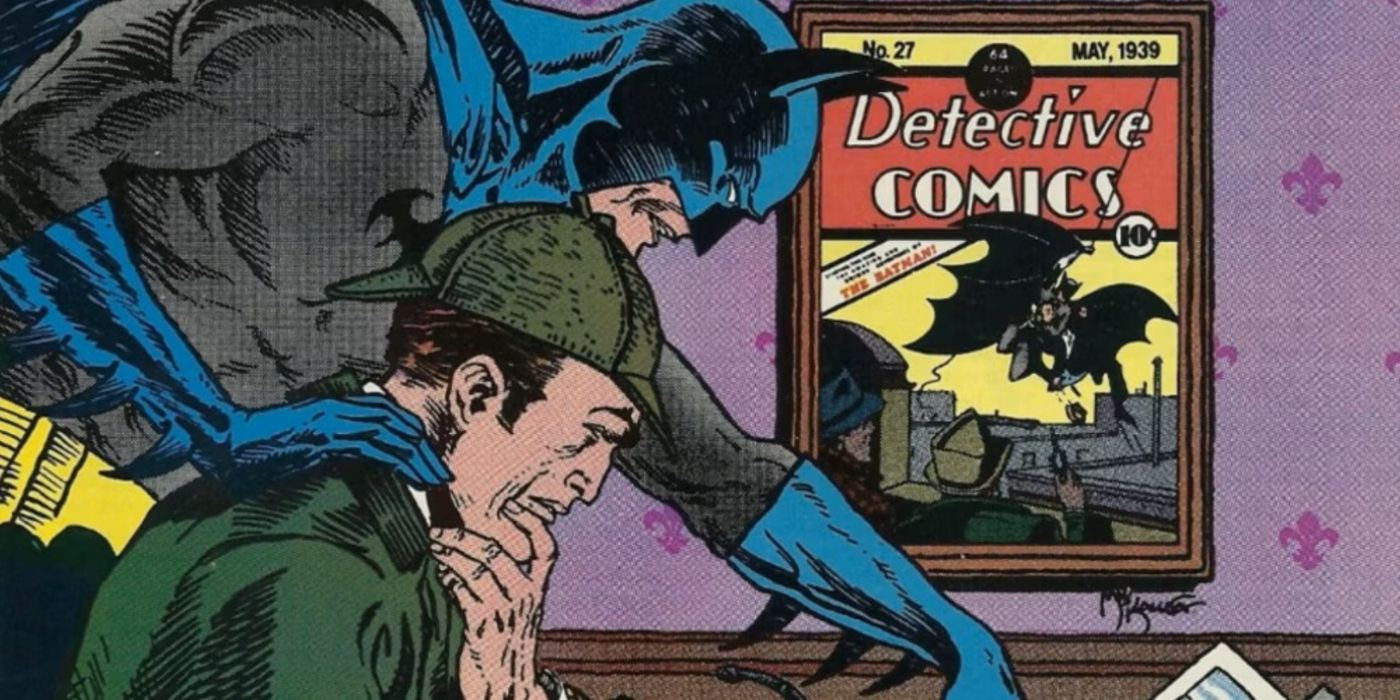 Batman investigating a case with Sherlock Holmes with a framed issue of Detective Comics #27 behind them.