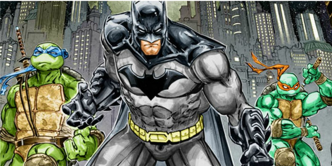 Batman standing with the Teenage Mutant Ninja Turtles in DC Comics.