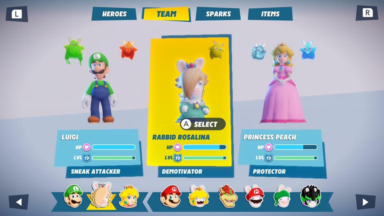 Mario + Rabbids Sparks of Hope Luigi Rabbid Rosalina Peach Team Comp