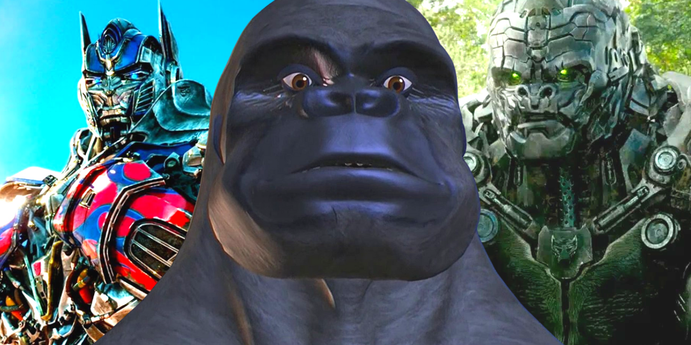 Optimus Prime, Optimus Maximal e Optimus como um gorila do desenho animado Beast Wars. 