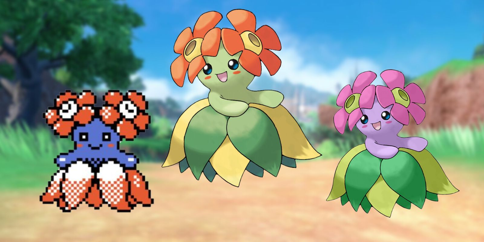 Bellossom with the current normal variation flanked by the 2nd generation shiny and the current shiny variants