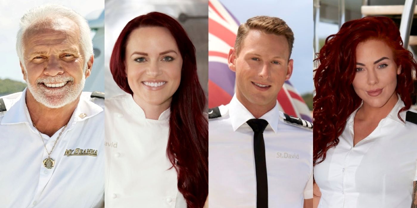 Below Deck season 10 cast split images with Captain Lee, Chef Rachel, Fraser, and Hayley