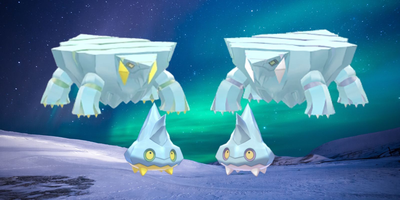 Shiny Bergmite and Avalugg next to their normal appearances.
