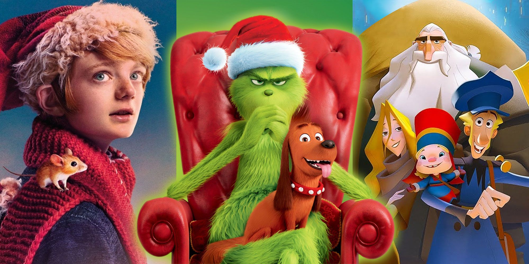 Split image of A Boy Called Christmas, The Grinch and Klaus