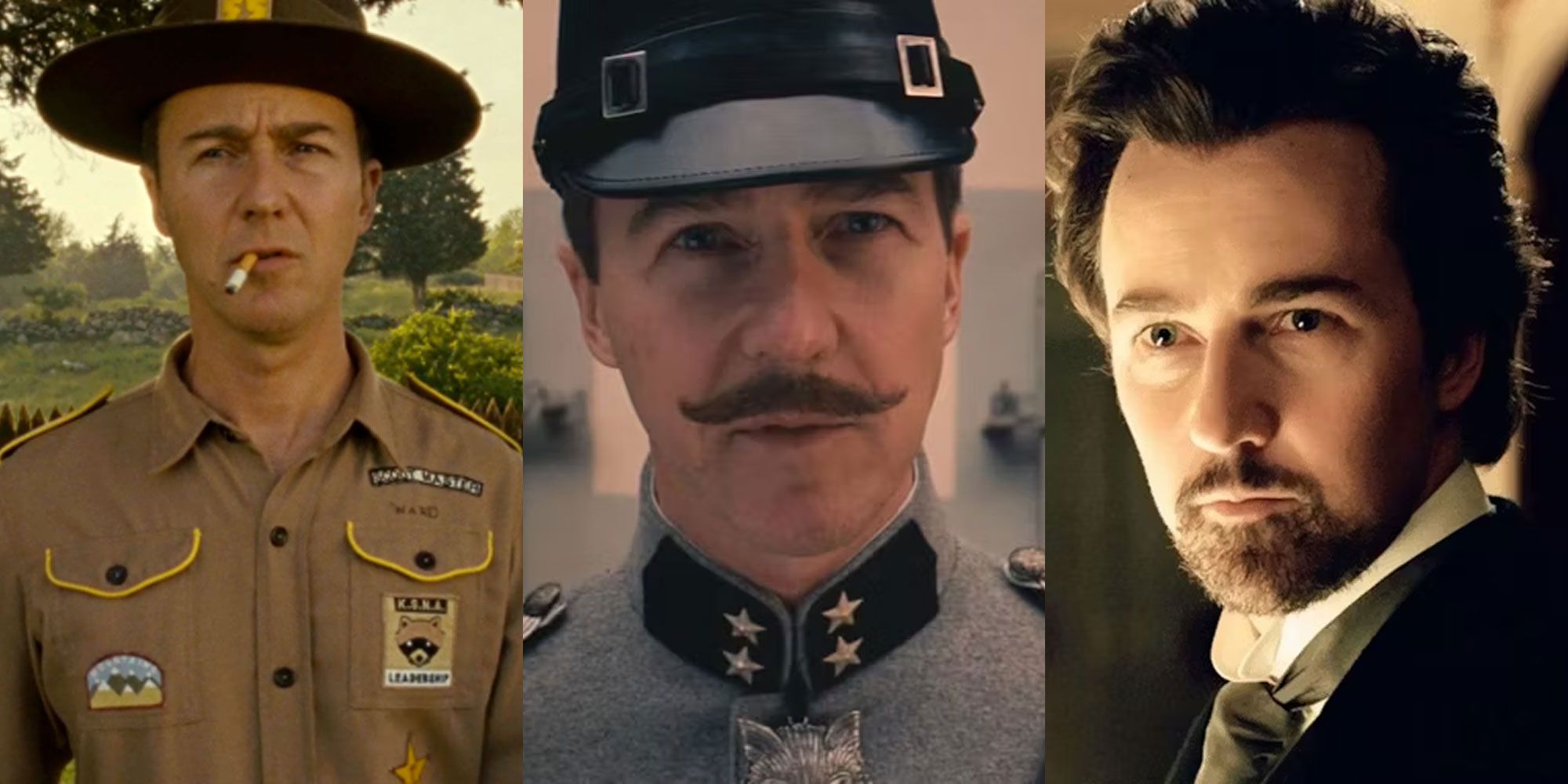 Split image of Edward Norton in Moonrise Kingdom, The Grand Budapest Hotel and The Illusionist 