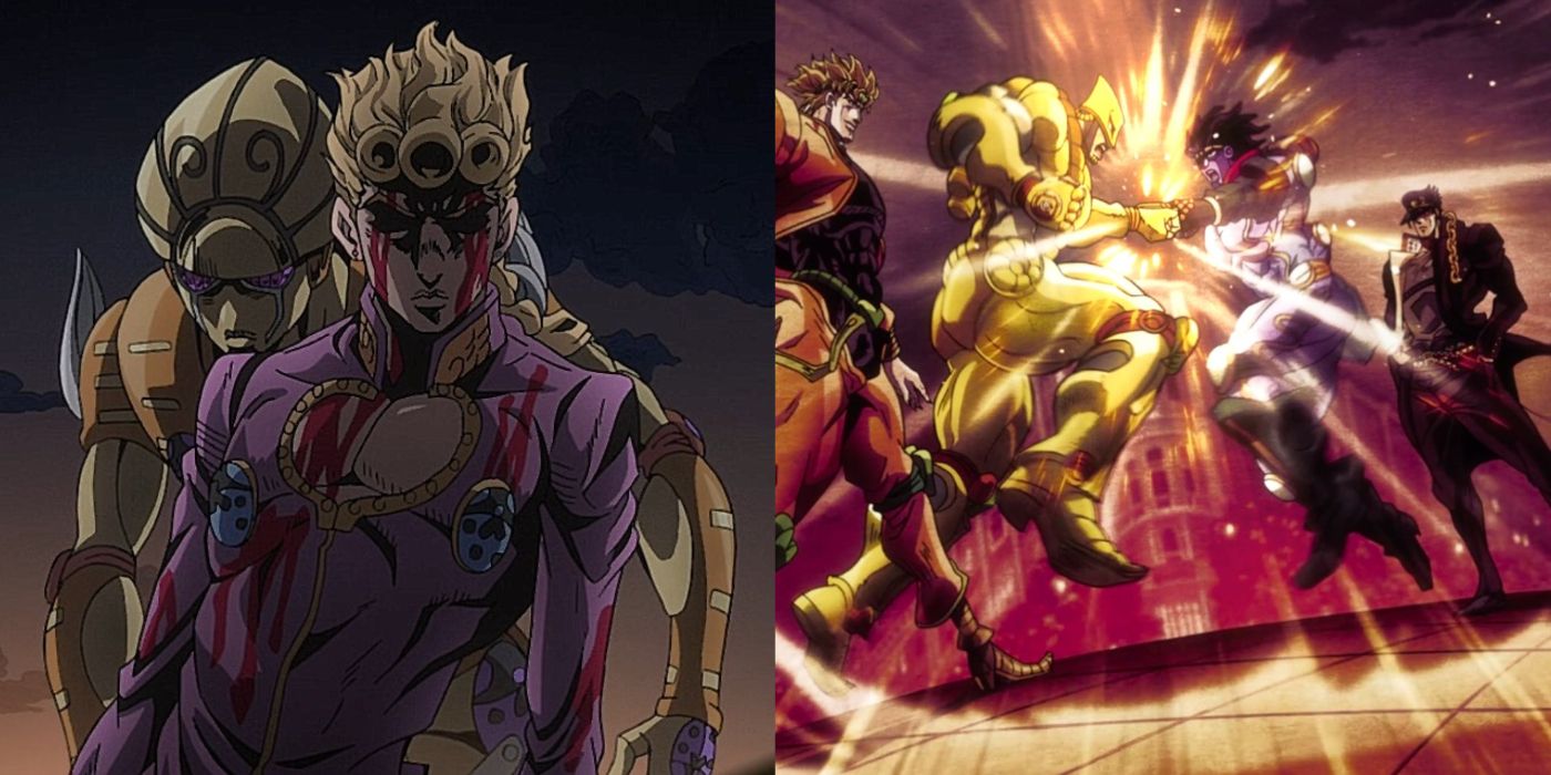 A two-image collage from JoJo's Bizarre Adventure. On the left, Giorno Giovanna glares at the camera, covered in blood, with Gold Experience behind him. On the right, Dio Brando and Jotaro Kujo watch as The World and Star Platinum exchange blows.