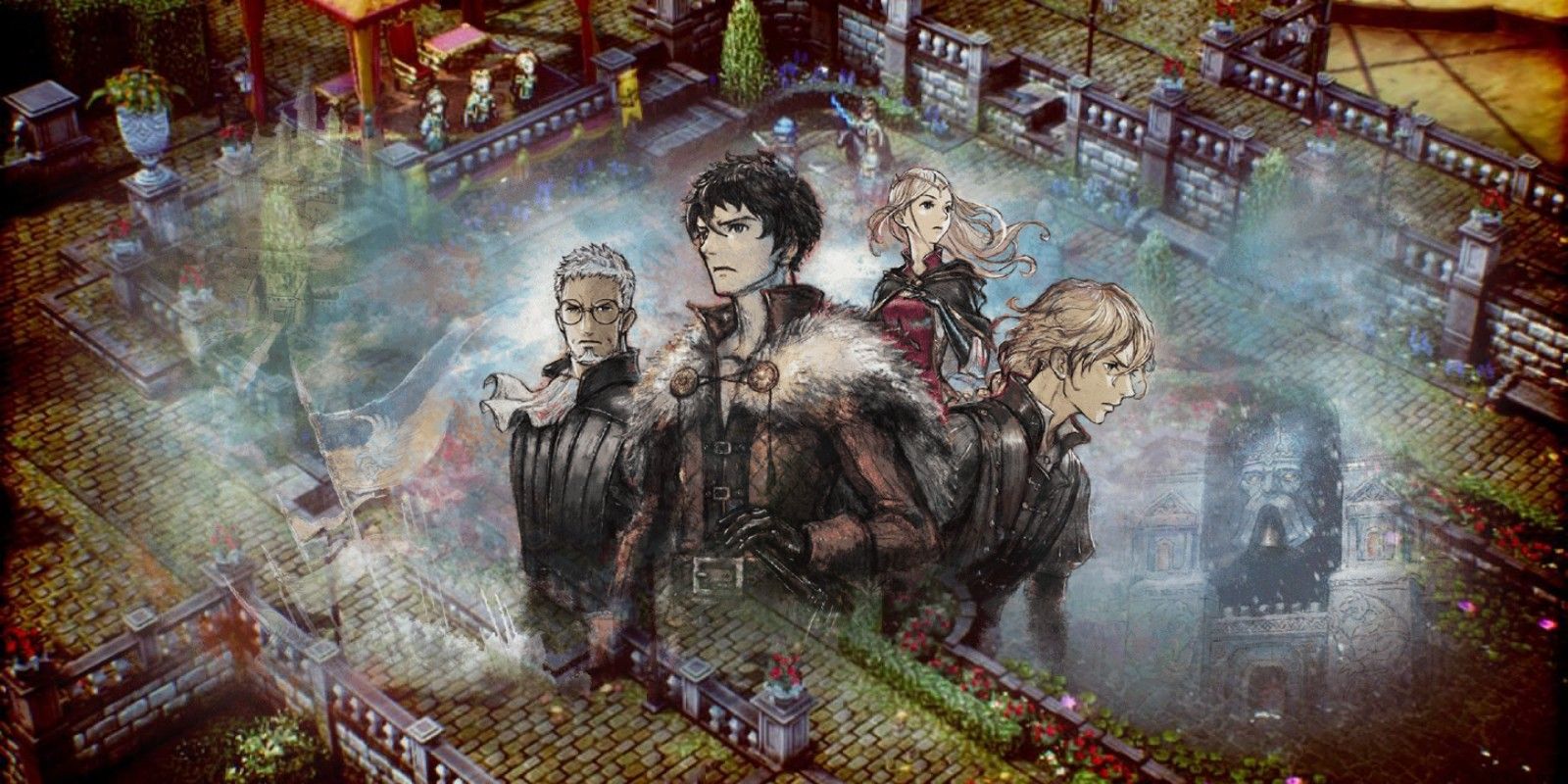 The four main characters of Triangle Strategy juxtaposed against a village background from Triangle Strategy. From left to right, the characters are Benedict Pascal, Serenoa Wolffort, Frederica Aesfrost, and Roland Glenbrook. 
