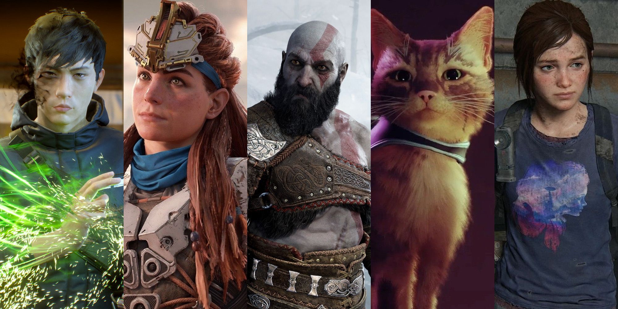 An image split into five vertical segments picturing PlayStation game characters, showing from left to right: Ghostwire: Tokyo's Akito, Horizon Forbidden West's Aloy, God of War Ragnarok's Kratos, the cat from Stray, and The Last of Us Part 1's Ellie.
