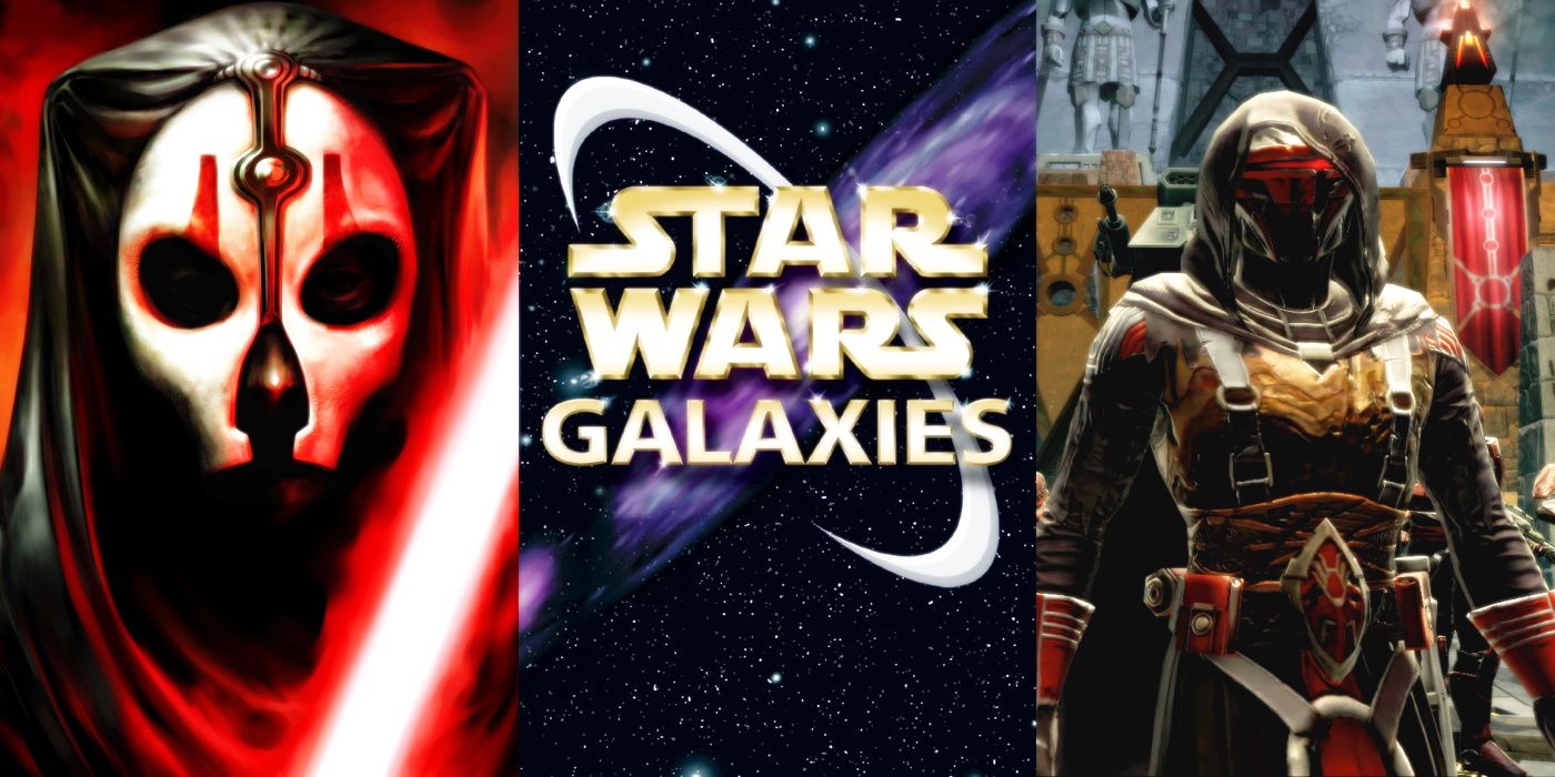 A vertically split image showing three different Star Wars RPGs - Darth Nihilus from KOTOR 2 on the left, the logo for Star Wars Galaxies in the center, and a character wearing Darth Revan's armor in The Old Republic on the right.