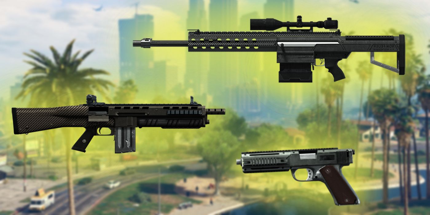 GTA Online's Heavy Sniper MK2, Assault Shotgun, and AP Pistol, all highlighted in front of a background showing the Los Santos skyline.