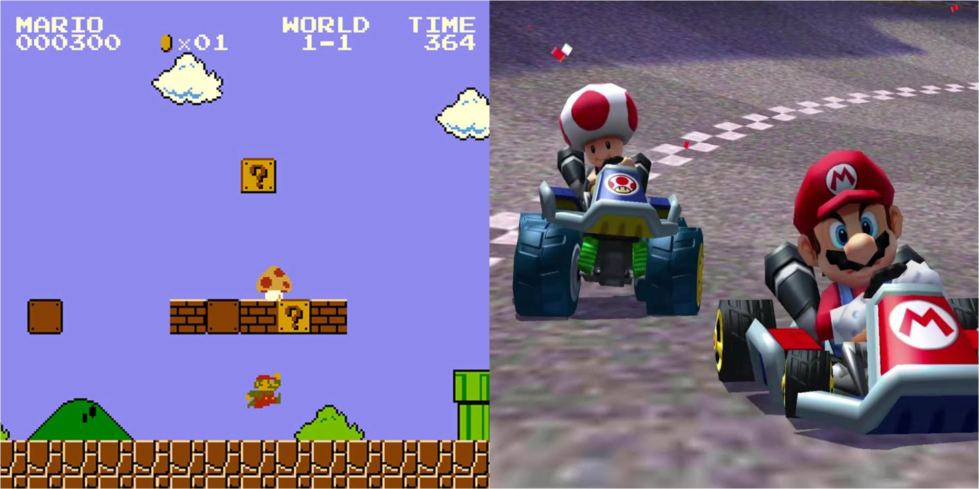 Screenshots from Super Mario Bros and Mario Kart 7
