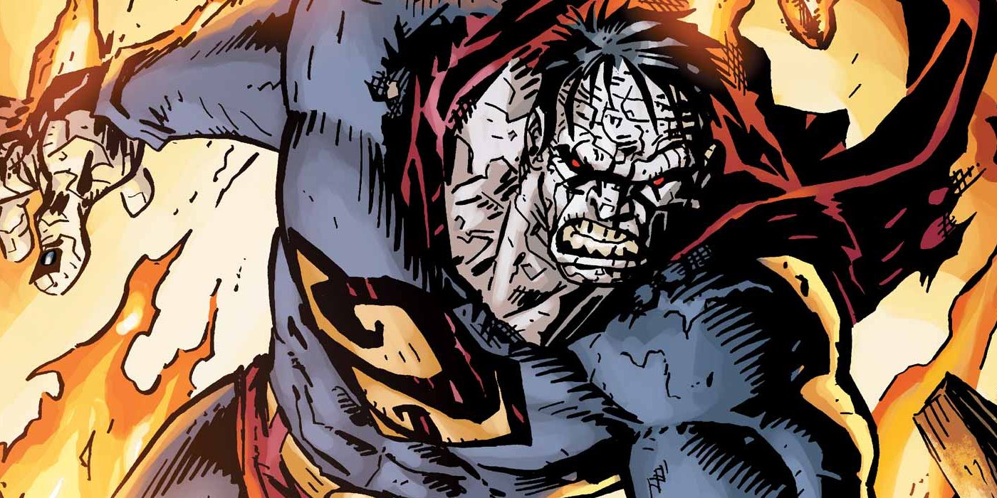 Bizarro, o doppelganger oposto do Superman, escarpado e de pele branca, empurrando furiosamente uma parede de chamas.