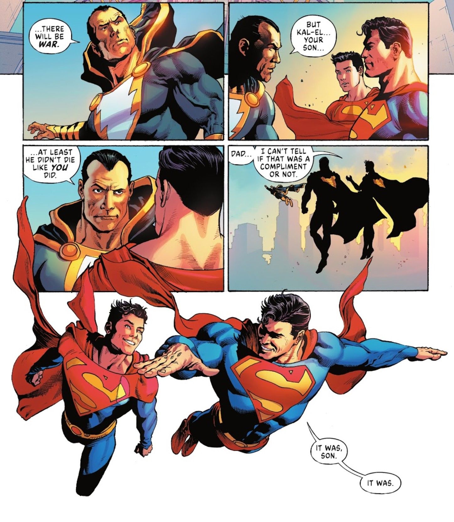 Black Adam Confronts Superman Clark Kent and Jon Kent