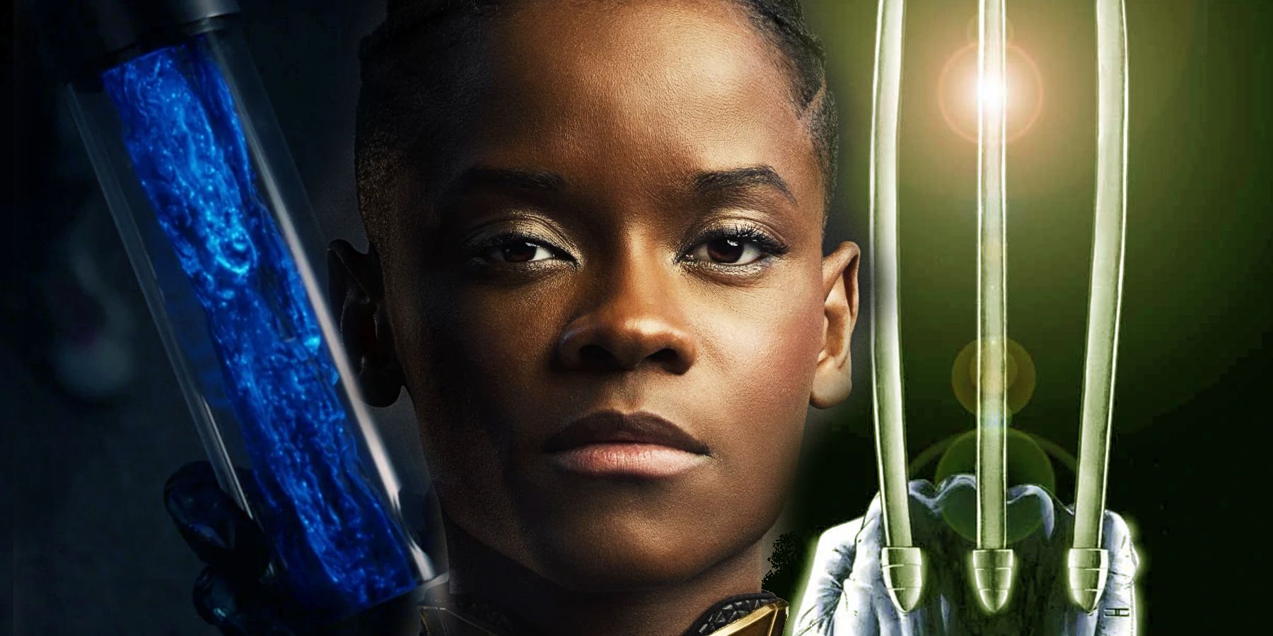 Split Image: Vibranium sample from Age of Ultron; Letitia Wright poses as Shuri in Black Panther Wakanda Forever; Wolverine's adamantium claws extend