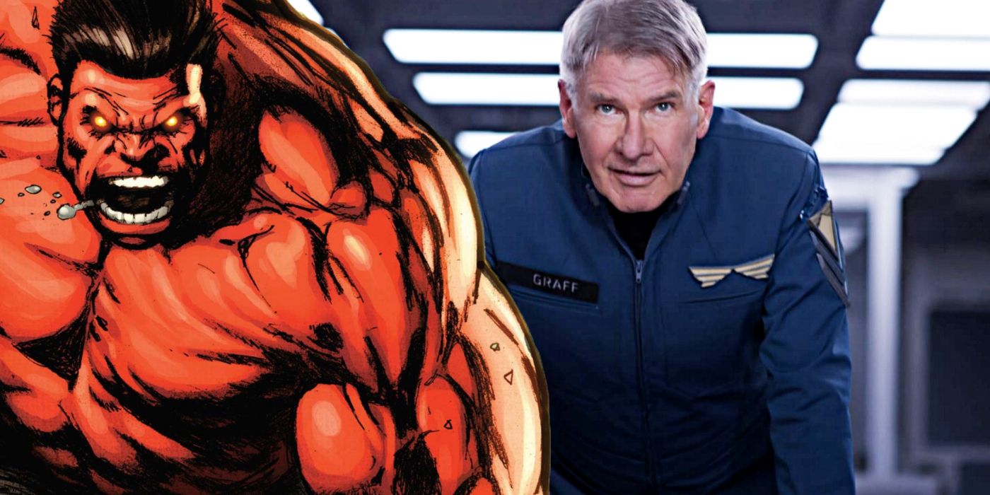 Blended image of an angry Red Hulk from Marvel Comics and Harrison Ford as the general commanding in Enders Games