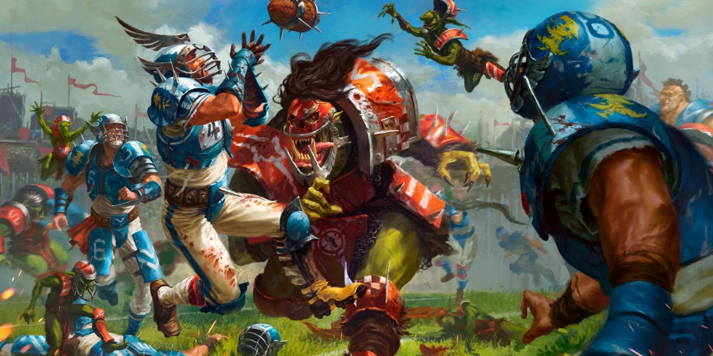 Blood Bowl promo art featuring humans playing against orcs and goblins in American football.