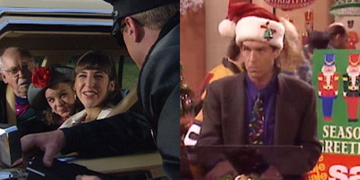 Split image of Burt, Six and Blossom in a car and Nick at the mall on Blossom