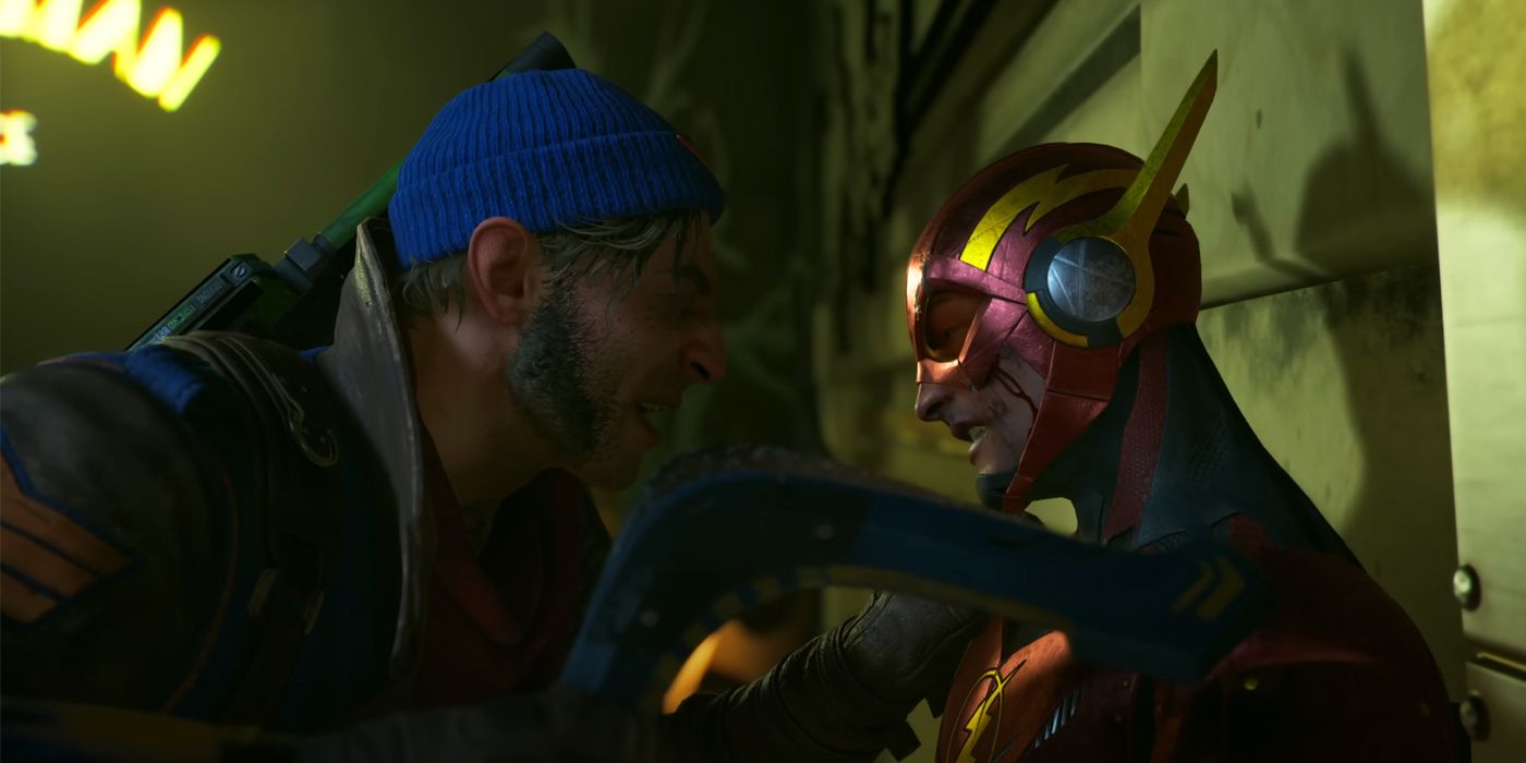 Capitão Bumerangue cara a cara com um Flash quase morto, que está encostado em uma parede, em um trailer de Esquadrão Suicida: Mate a Liga da Justiça.