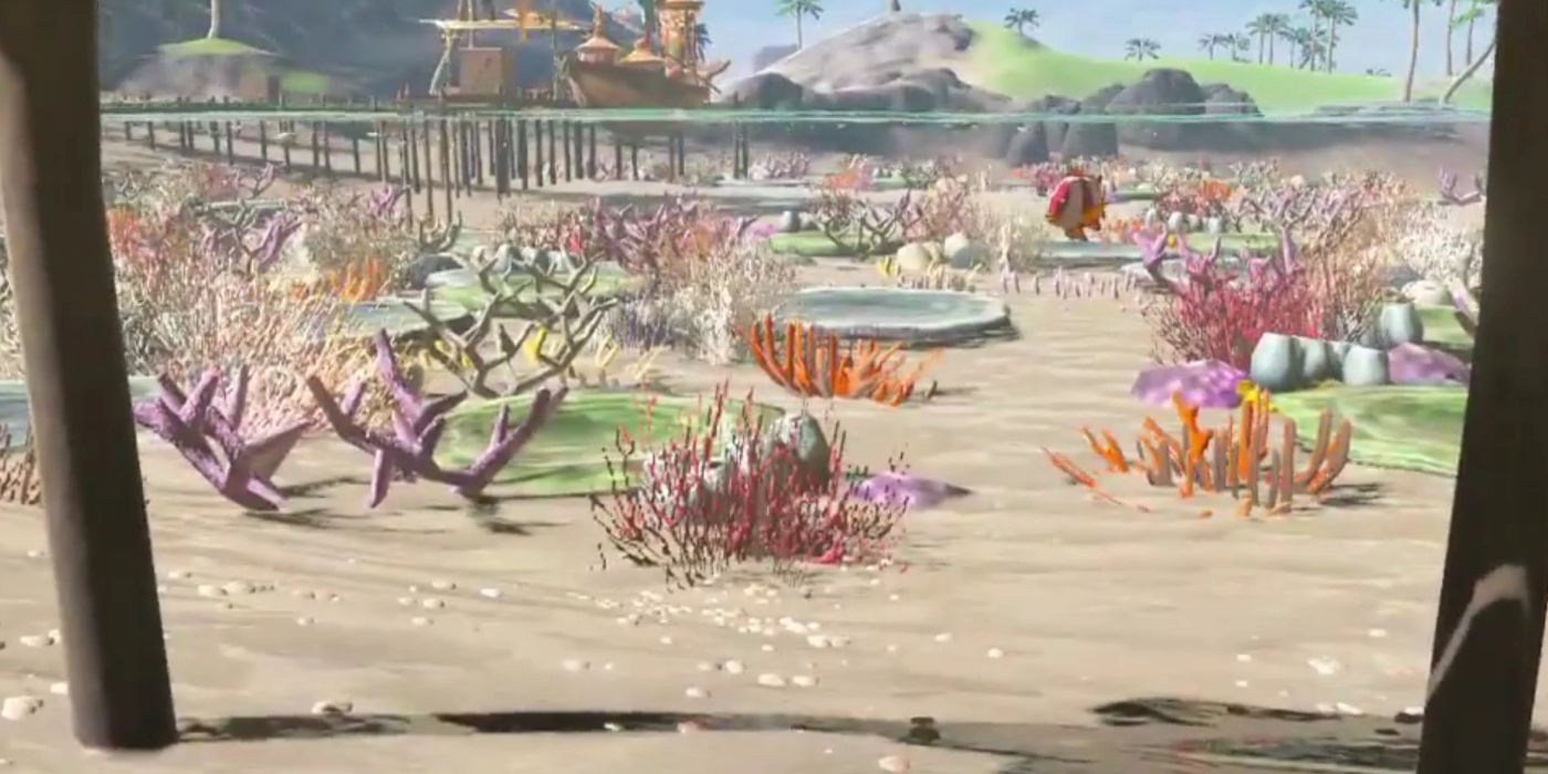 A glitched view showing an underwater environment near BOTW&rsquo;s Lurelin Village, with a number of different coral on the sea floor.