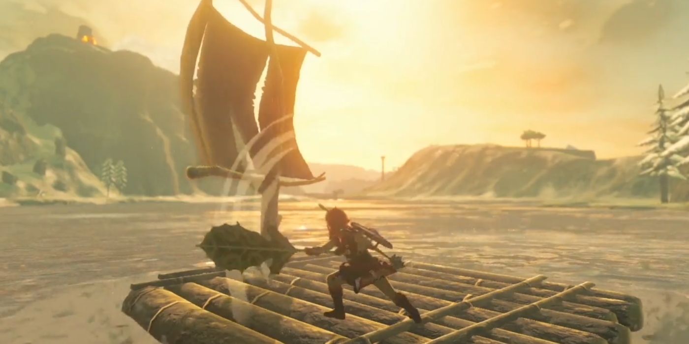 Link swinging a Korok Leaf to fill a raft's sail in Breath of the Wild.