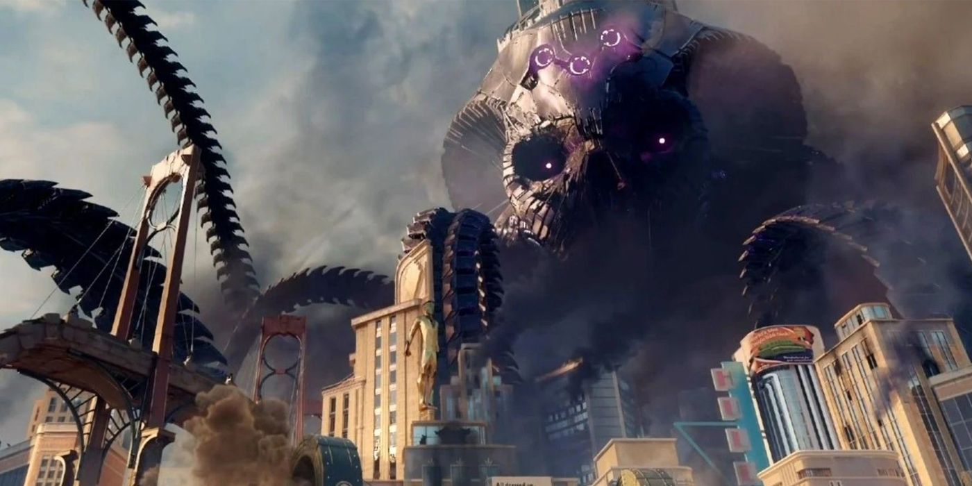 Skull Ship de Brainiac invadindo Metropolis em Suicide Squad: Kill The Justice League