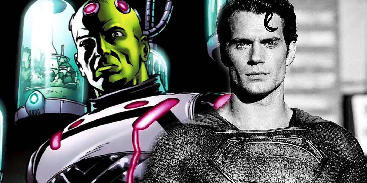 Split Image: Comics Braniac stands menacingly with tubes connected to his head; black-and-white image of Henry Cavill in Man of Steel