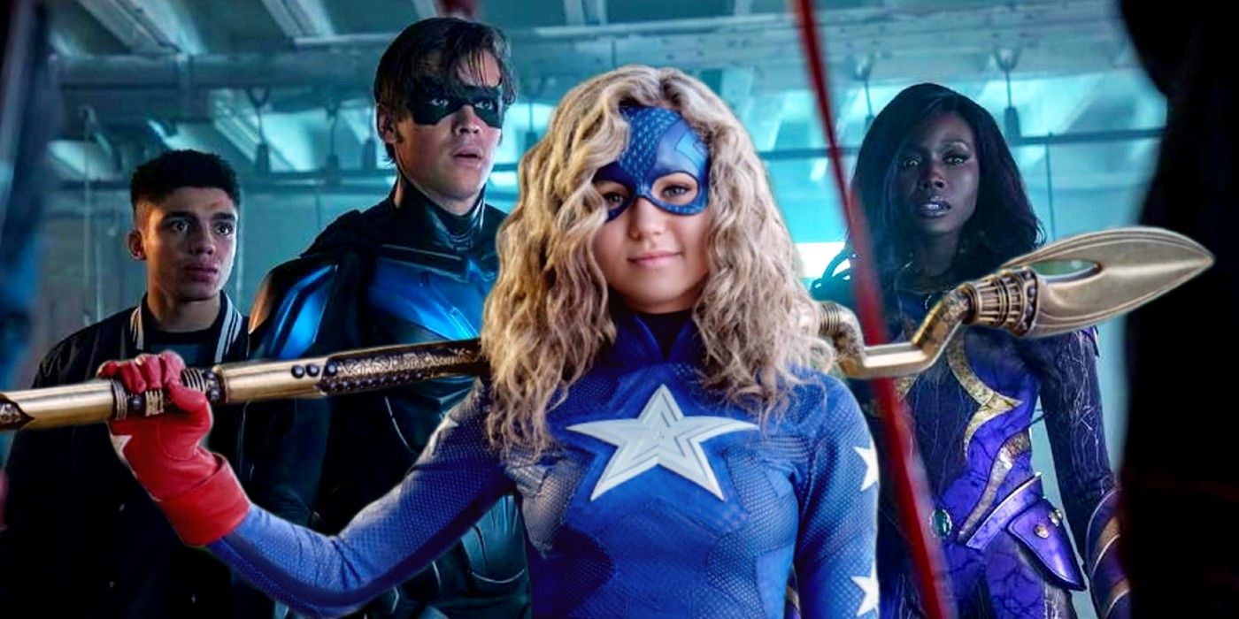 Brec Bassinger as Stargirl superimposed over the Titans cast