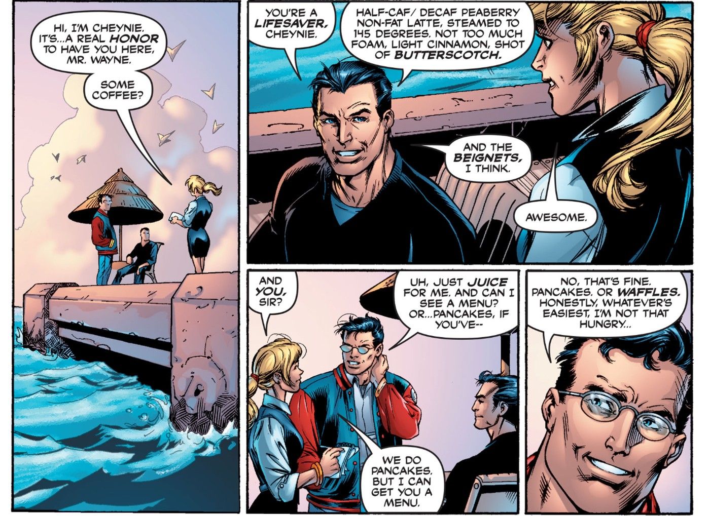 Bruce Wayne Batman e Clark Kent Superman pedem café e suco em um píer