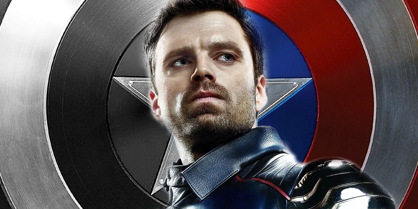 Bucky Barnes looks stoic over a backdrop of Captain America's shield, half-red-and-blue, half-black-and-white