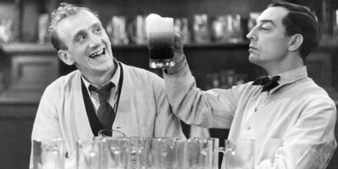 Buster Keaton holding a mug of beer in What No Beer