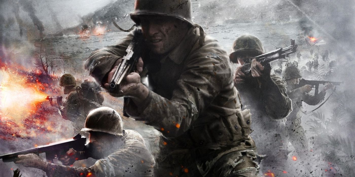 Box art for Call of Duty: World at War, showcasing five US Marines storming a beach wielding Thompsons, M1 Garands, and a flamethrower.