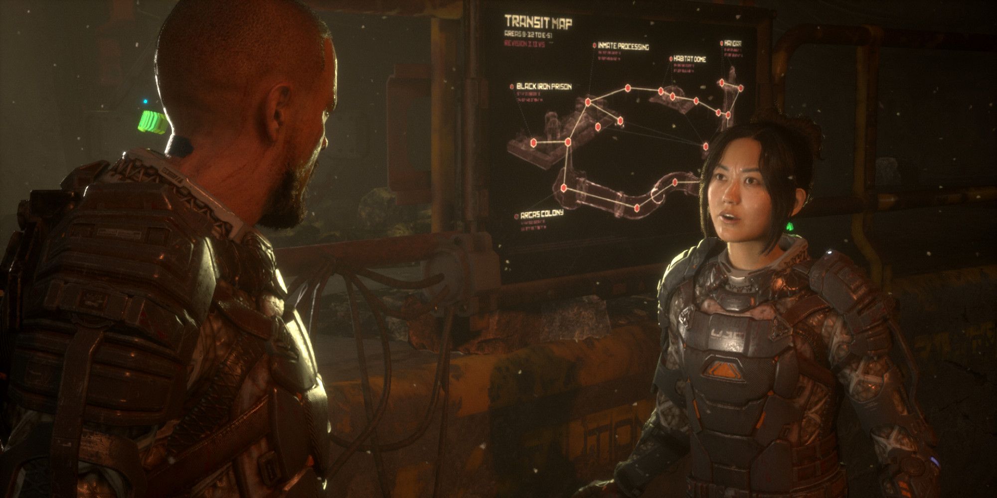 Screenshot of a pair of characters having a conversation in front of a transit map in Callisto Protocol