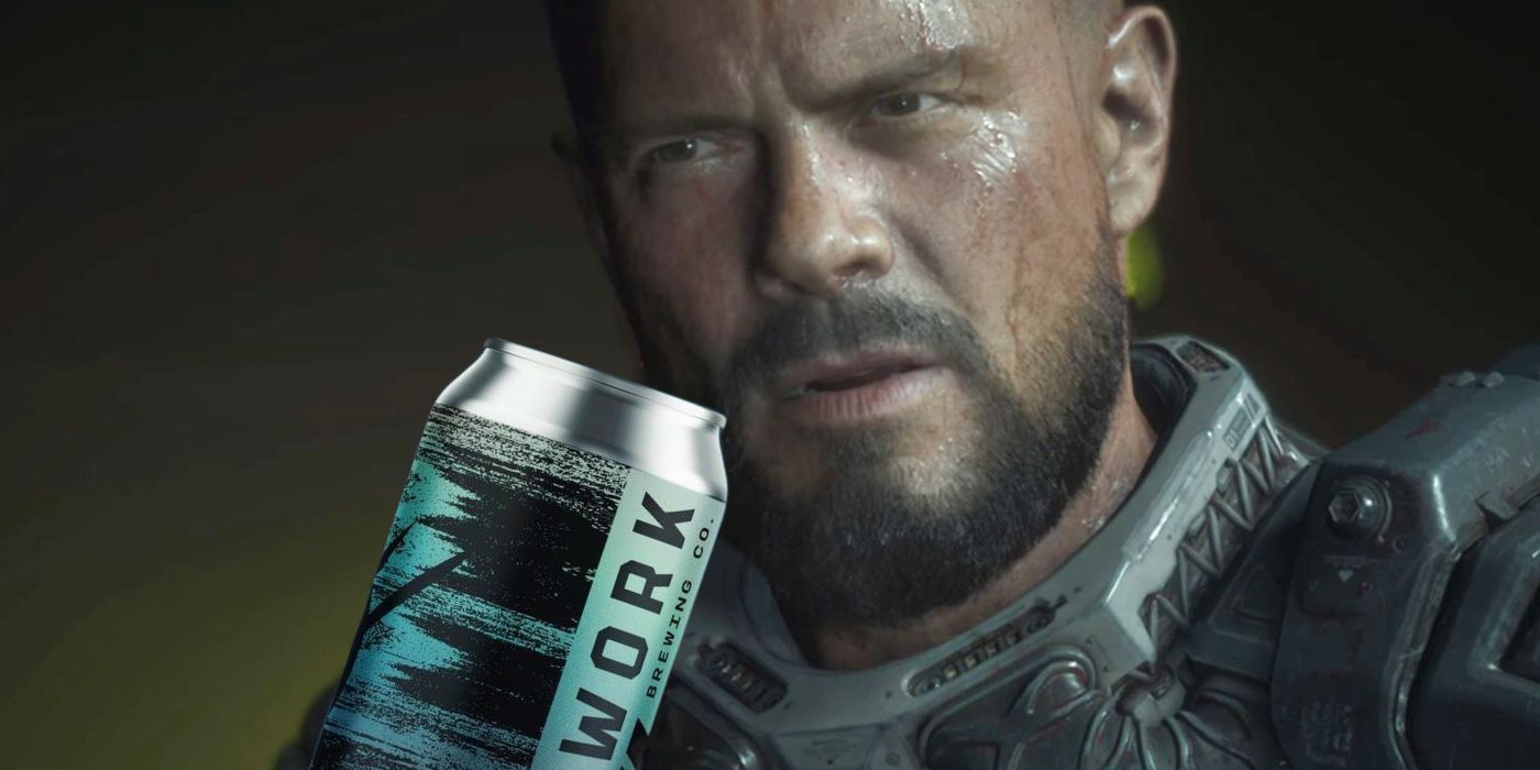 Protagonist from the Callisto Protocol sipping on a Fieldwork Brewing Company beer.