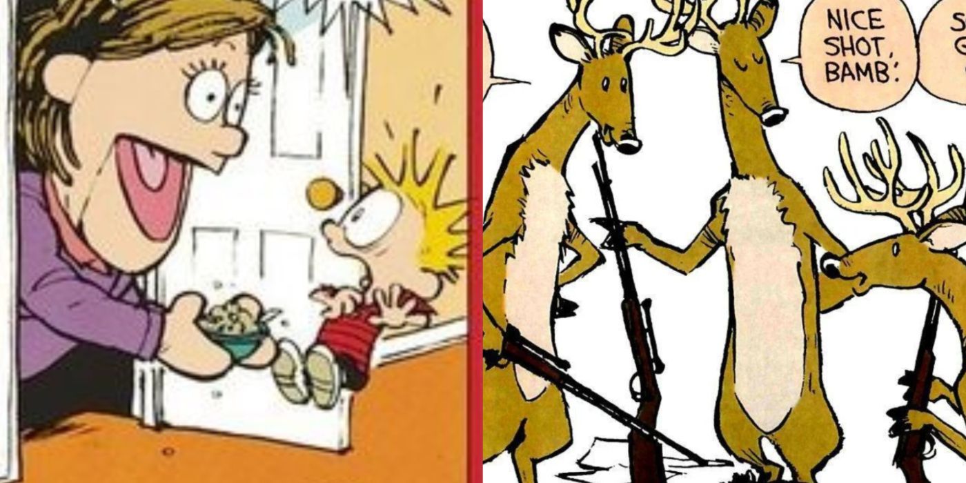 Calvin and Hobbes Split image of Calvin's Mom as a sock puppet and deer with rifles-1
