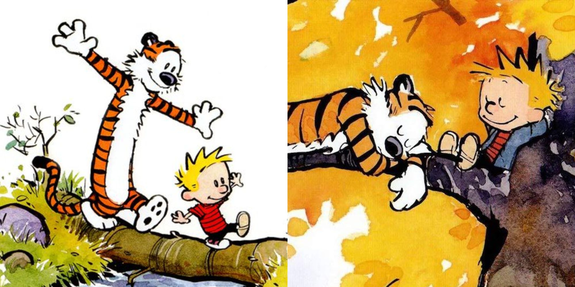 Two illustrations of Calvin and Hobbes from the classic comics