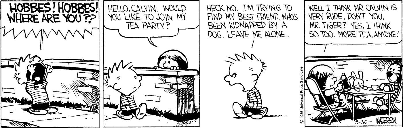 Calvin turns down a tea party in Calvin and Hobbes Comic