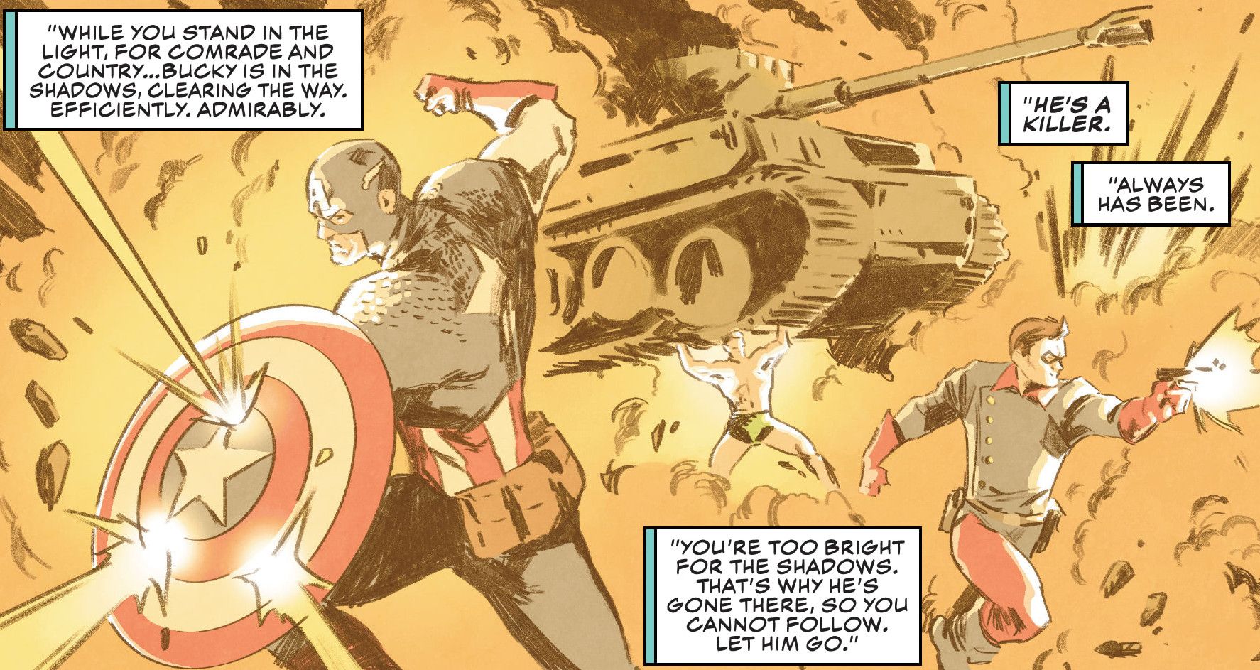 Capitão América e Bucky espancando nazistas