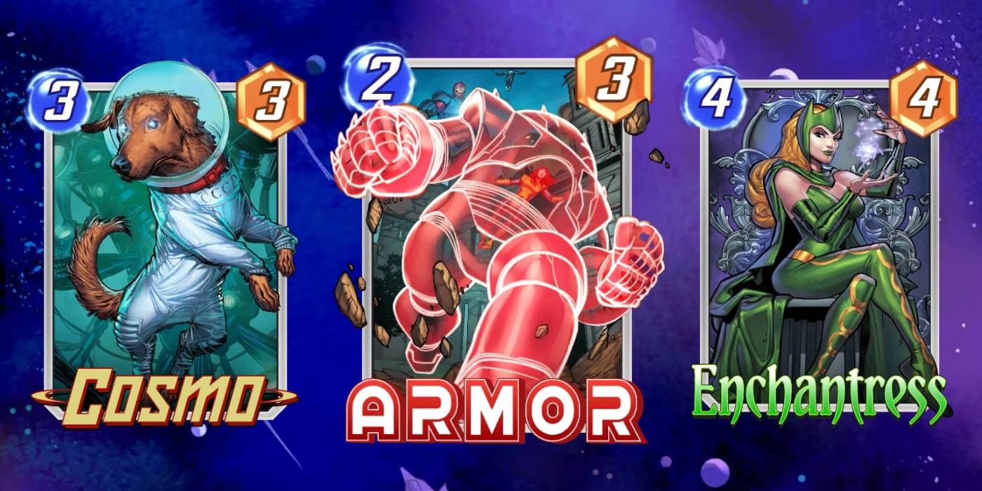 Marvel Snap Cosmo, Armor e Enchantress Cards com Space Star-Lord Background exibindo valor de poder/energia