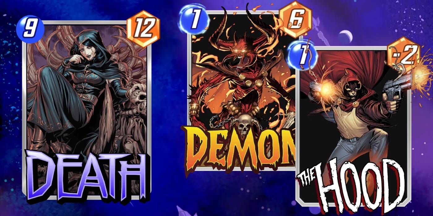 Cartas Marvel Snap Death, The Hood e Demon no fundo do espaço com valores de energia/poder exibidos