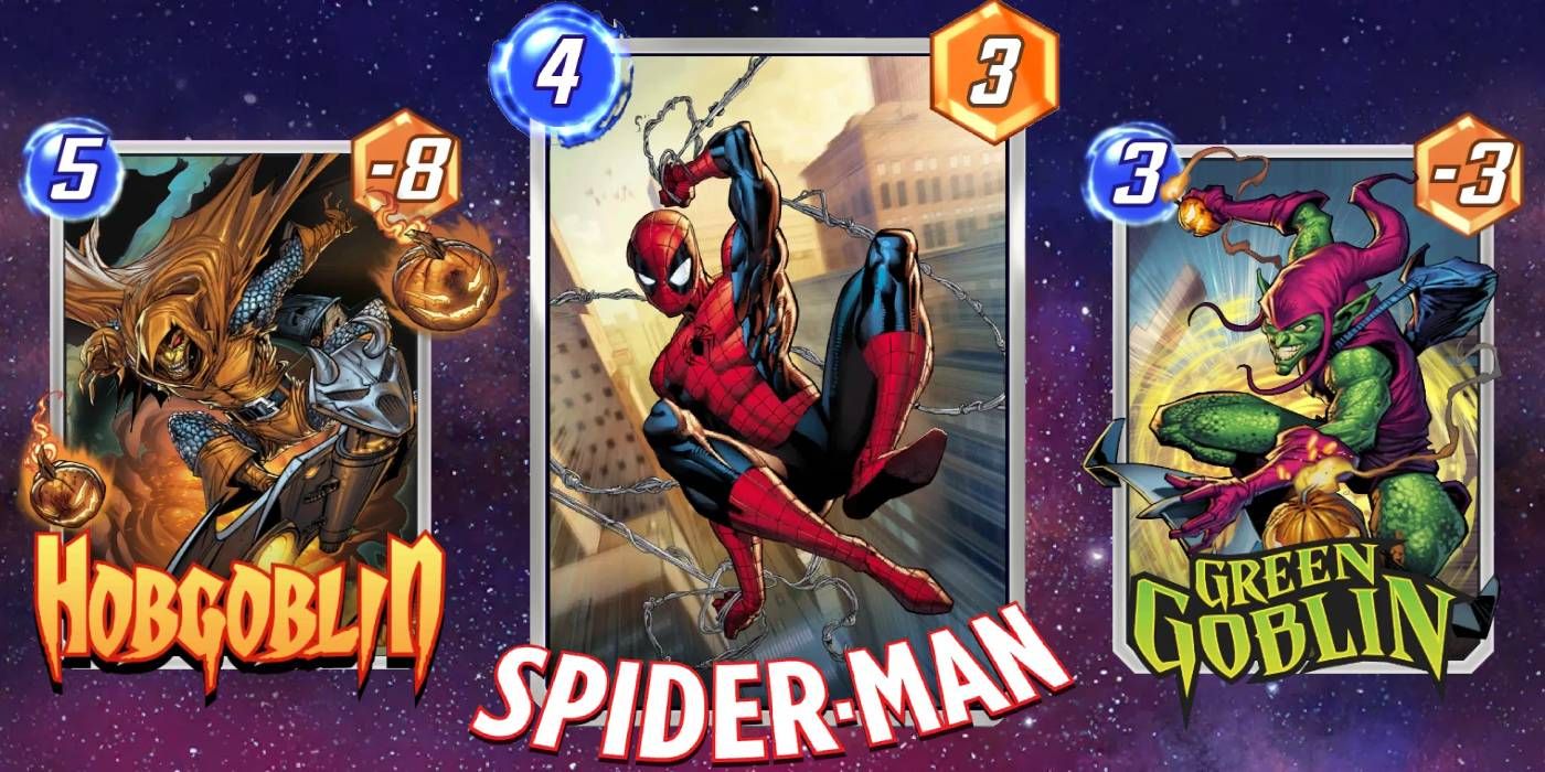 Marvel Snap Spider-Man, Green Goblin, Hobgoblin Cards com fundo espacial e custo de energia/valor de poder demonstrado