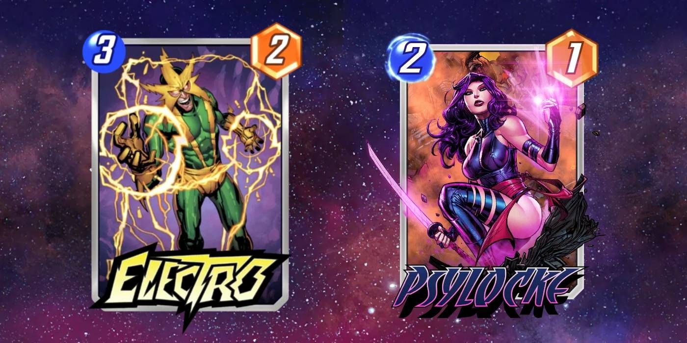 Cartas Marvel Snap Electro e Psylocke ao lado do plano de fundo do espaço designado por custo de energia e valor de poder