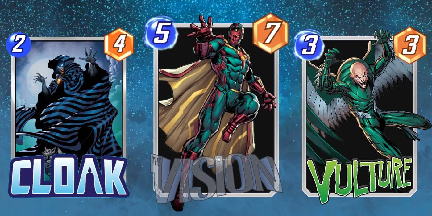 Cartões Marvel Snap Vision, Cloak e Vulture na frente do fundo do espaço com valores de energia/poder exibidos