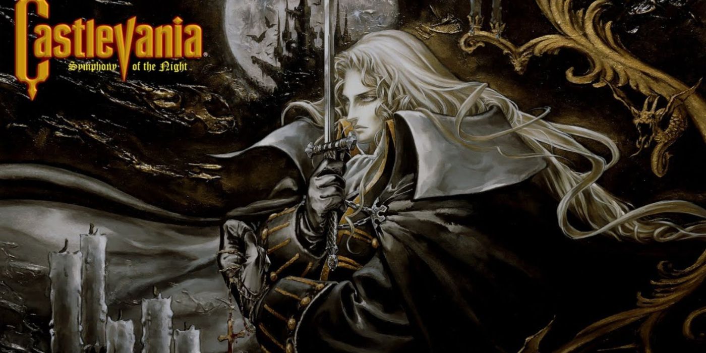 Castlevania: Symphony of the Night key art featuring Alucard wielding his sword and Dracula's castle in the background.