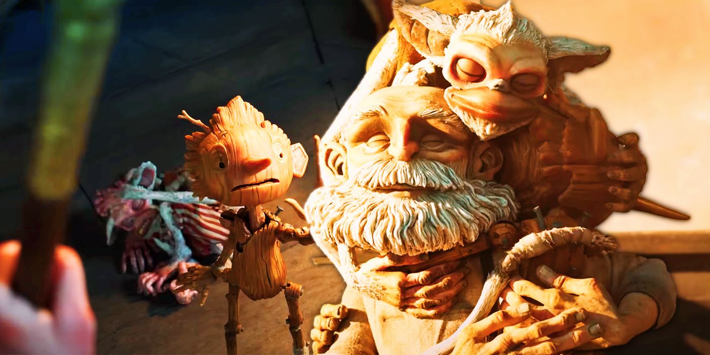 Pinocchio (Gregory Mann), Spazzatura (Cate Blanchett), and Geppetto (David Bradley) in Guillerm del Toro's Pinocchio