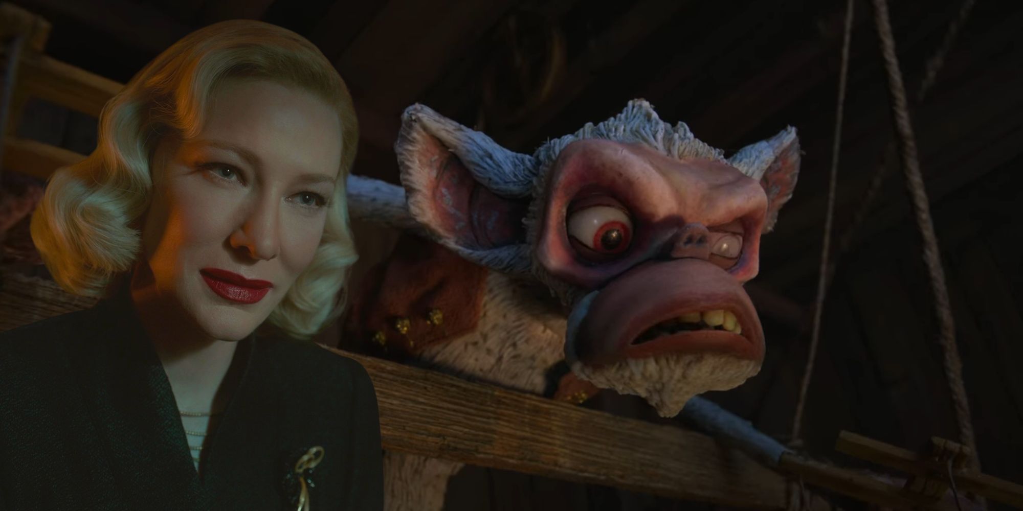 Cate Blanchett, seen here in Nightmare Alley, voices Spazzatura in Guillermo del Toro's Pinocchio