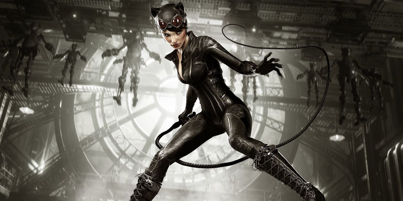Catwoman surrounded by Riddler's robots in Batman: Arkham Knight promotional material.